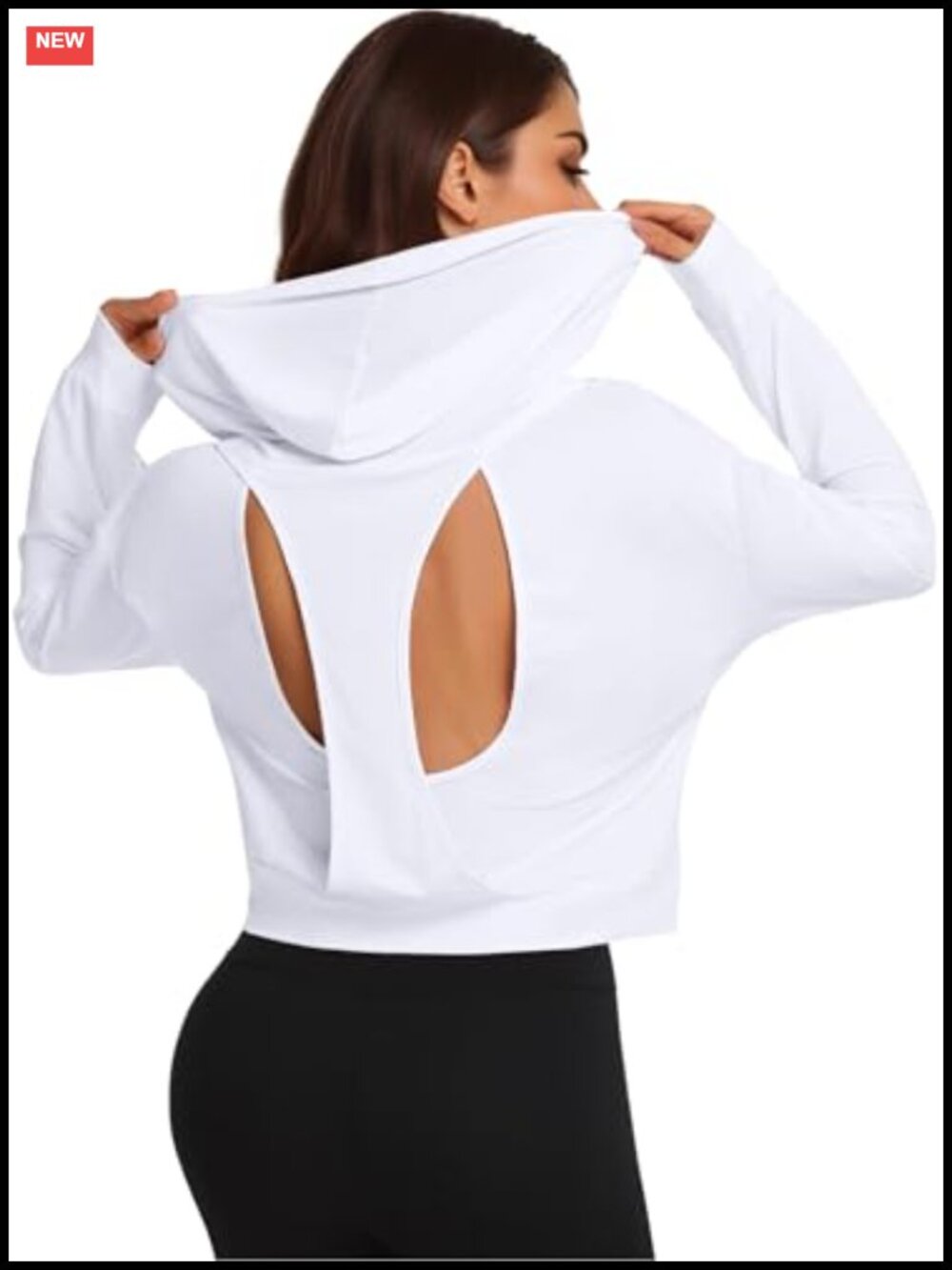 Cropped Open Back Hoodie Long Sleeve Mesh Workout Top with Thumb Holes